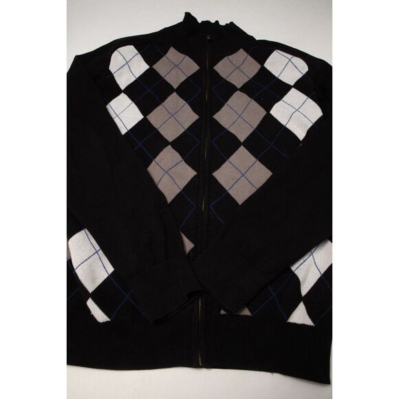 Guess Sweater Men Extra Large Black White Gray Argyle Diamond Full Zip - Picture 4 of 10